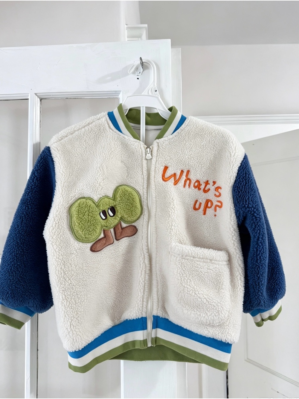 Kids White & Navy Sherpa Jacket with Playful Applique